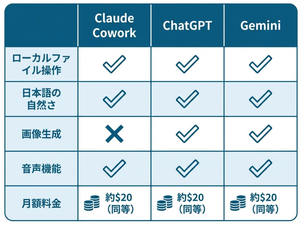 Claude Coworkとは?月額3,000円で雇えるAIアシスタントの全貌 Claude Cowork comparison infographic