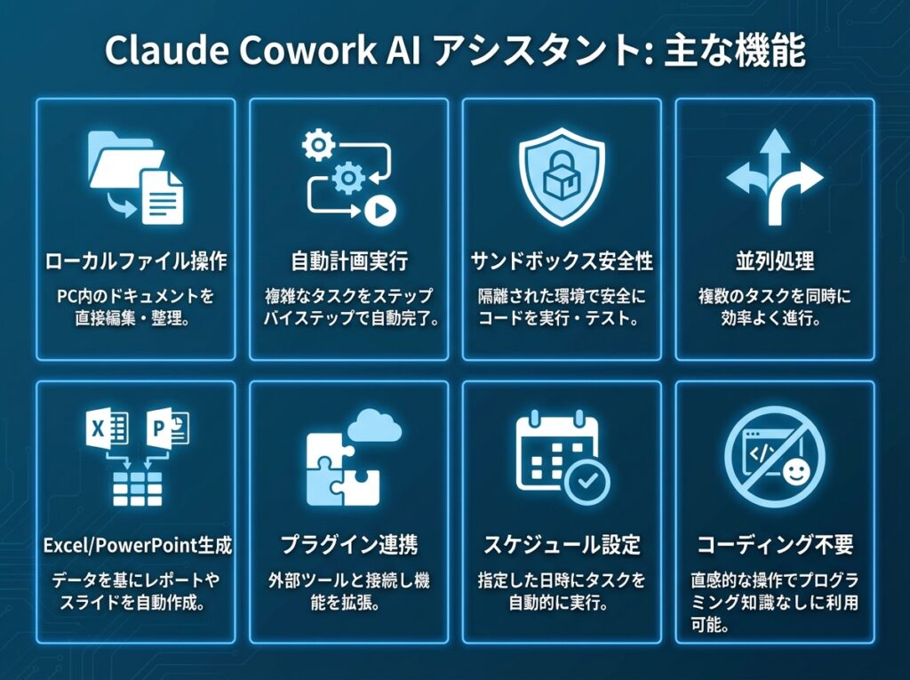 Claude Coworkとは?月額3,000円で雇えるAIアシスタントの全貌 Claude Cowork features infographic