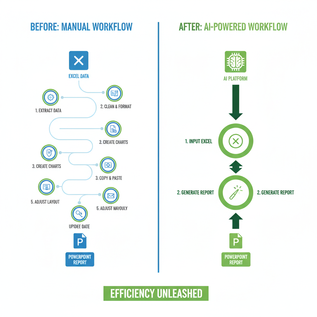 Claude CoworkでExcel→PowerPointが1発変換。新機能まとめ Excel→PowerPoint変換の従来フローと新フローの比較