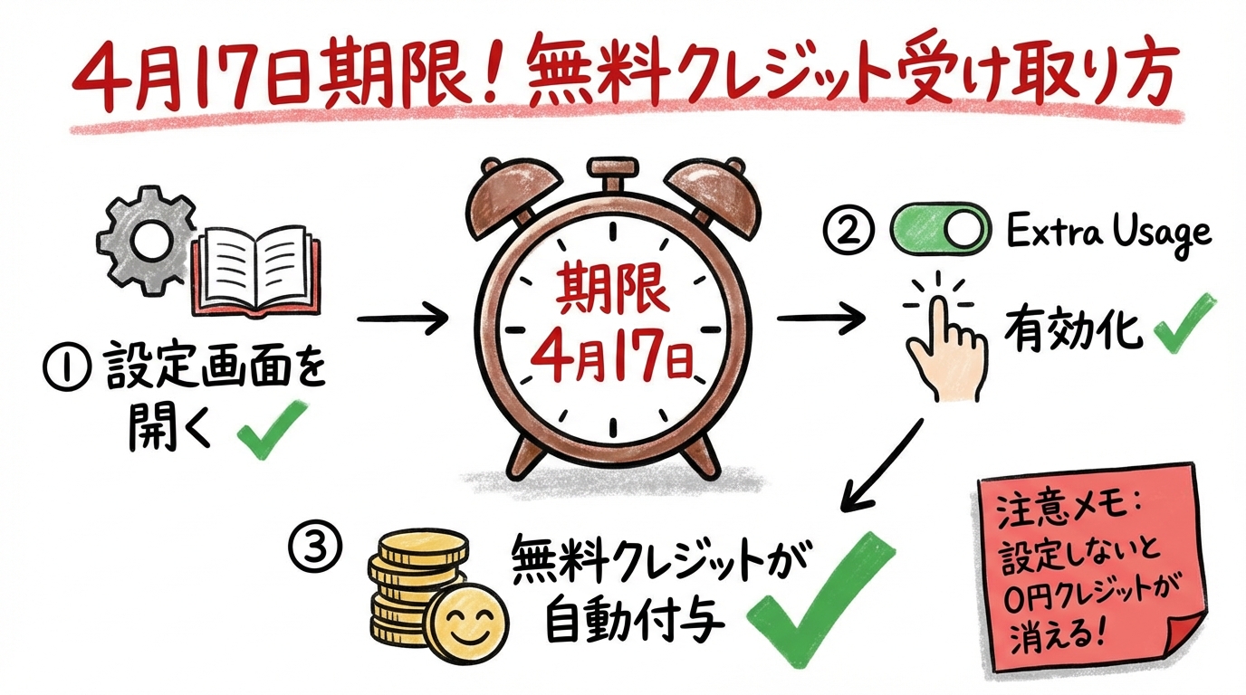 Claude Extra Usage移行ガイド。Pro/Maxユーザーが4/17までにやるべきこと グラフィックレコード: 4月17日期限!無料クレジットの受け取り方【最優先でやること】