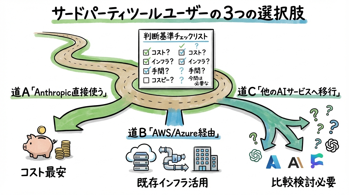 Claude Extra Usage移行ガイド。Pro/Maxユーザーが4/17までにやるべきこと グラフィックレコード: サードパーティツールユーザーの3つの選択肢