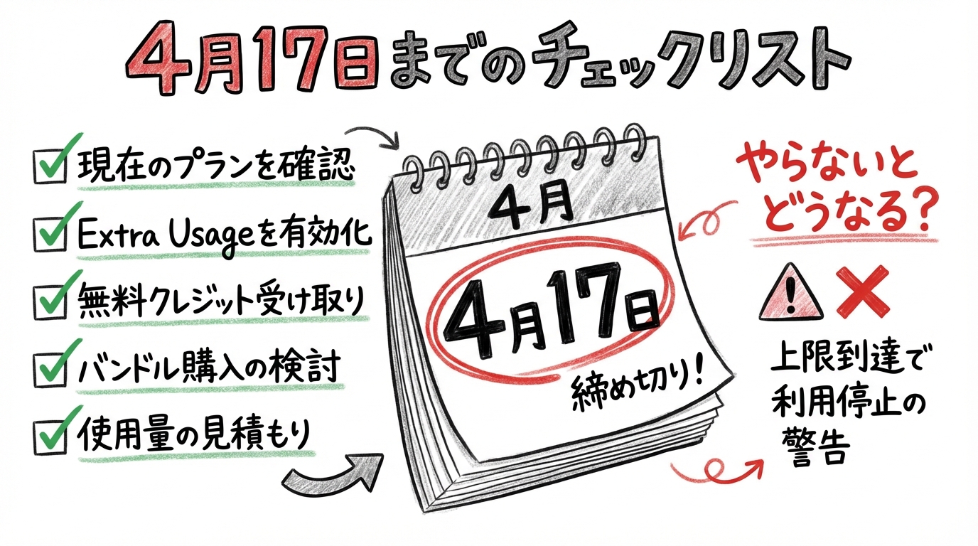 Claude Extra Usage移行ガイド。Pro/Maxユーザーが4/17までにやるべきこと グラフィックレコード: まとめ:4月17日までのチェックリスト