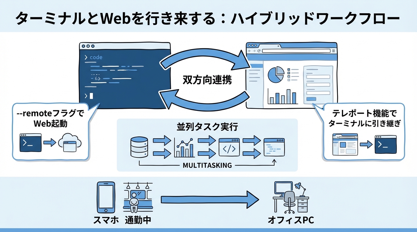 限られた時間を本来の仕事に集中させる「タスク振り分け術」 ターミナルとWebを行き来する:ハイブリッドワークフロー