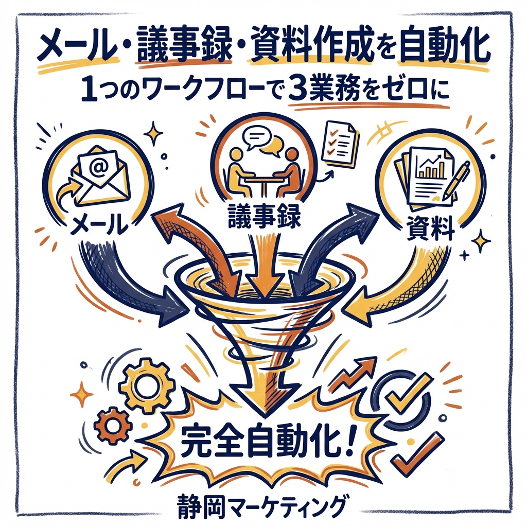 Claude Coworkでメール・議事録・資料作成を完全自動化。1つのワークフローで3業務をゼロにする方法 Claude Coworkでメール・議事録・資料作成を完全自動化。1つのワークフローで3業務をゼロにする方法