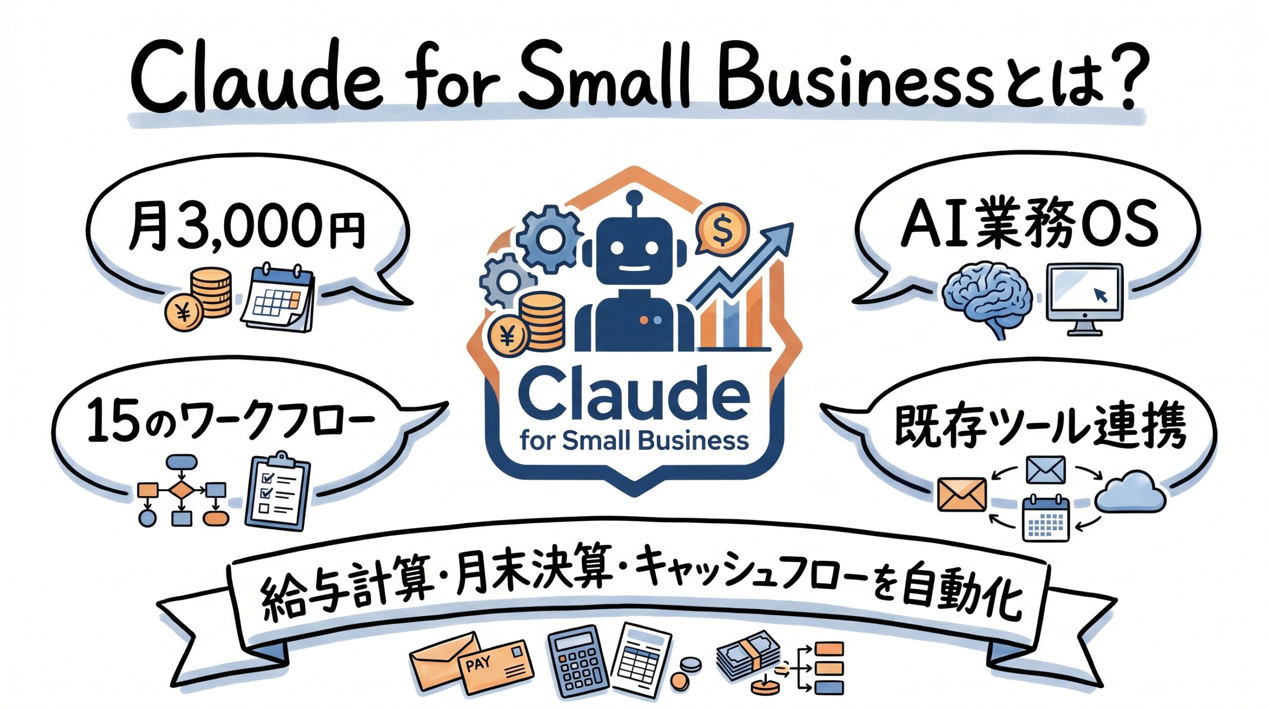 Claude for Small Businessとは?月3,000円で給与計算・月末決算・キャッシュフローを自動化する15ワークフロー完全ガイド【2026年5月版】 Claude for Small Businessとは?中小企業に特化した「AI業務オペレーティングシステム」
