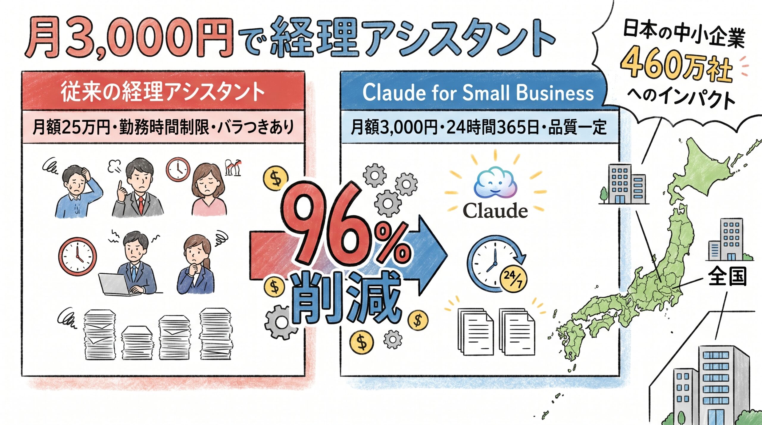 Claude for Small Businessとは?月3,000円で給与計算・月末決算・キャッシュフローを自動化する15ワークフロー完全ガイド【2026年5月版】 日本の中小企業への影響——月3,000円で「経理アシスタント」を持てる意味