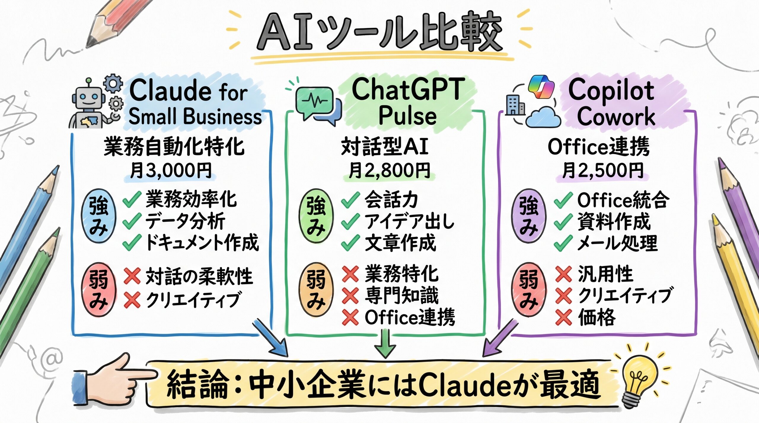 Claude for Small Businessとは?月3,000円で給与計算・月末決算・キャッシュフローを自動化する15ワークフロー完全ガイド【2026年5月版】 他のAIツールとの違い——ChatGPT PulseやCopilot Coworkとの比較