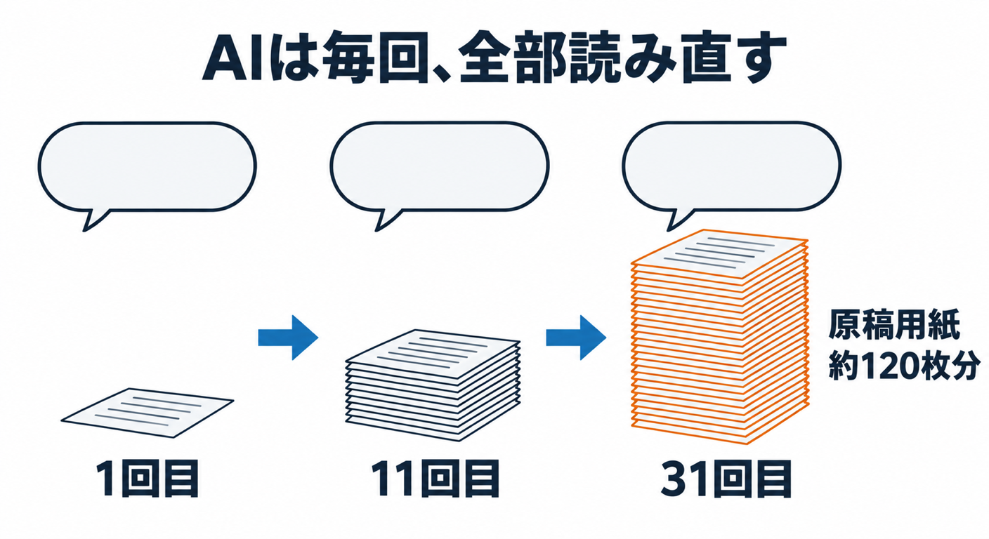AIとの会話は、長いほど割高になる――定額プランでも効く、経営者のための3つの習慣 AIは毎回、全部読み直す。1回目、11回目、31回目と読み直す量が増え、31回目は原稿用紙約120枚分