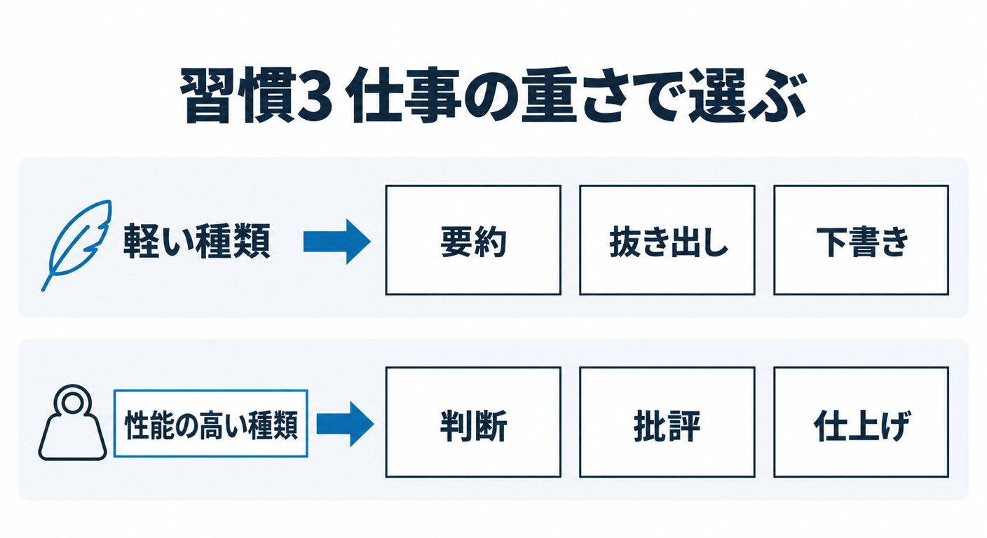 AIとの会話は、長いほど割高になる――定額プランでも効く、経営者のための3つの習慣 習慣3 仕事の重さで選ぶ。要約・抜き出し・下書きは軽い種類、判断・批評・仕上げは性能の高い種類